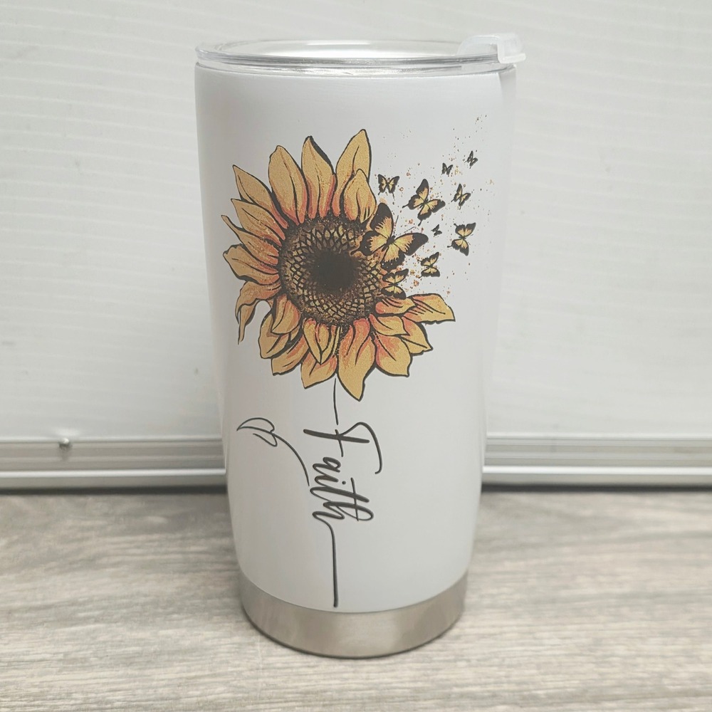 Faith Sunflower Butterfly Insulated Stainless Steel Tumbler White 20oz Cup